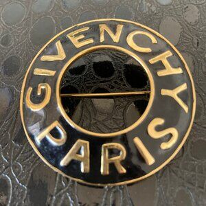Vintage 80s Givenchy Paris Gold Black Enamel Brooch Pin 2"